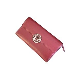COACH "Alexandra" CranberryLeather Slim Envelope Wallet Silver Logo Snap
‎ #904